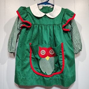 Vintage Kate Greenaway 4T Gingham Owl‎ Dress Holiday Retro Cottagecore